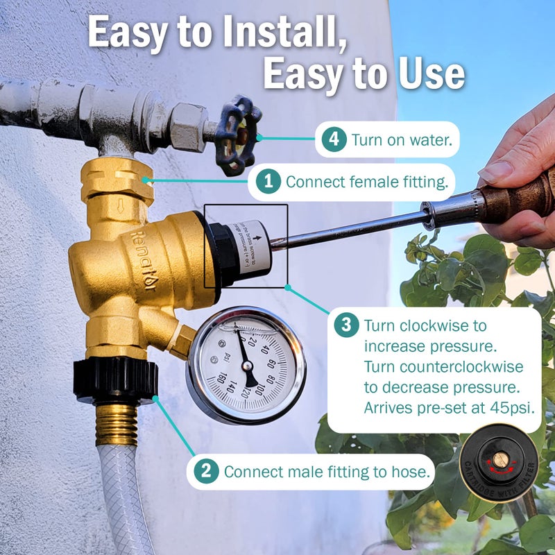Renator RV Water Pressure Regulator for RV Camper. Brass Lead-free Adjustable Water Pressure Regulator with Gauge for Camper Travel Trailer, Reducer Valve W Filter. M11-0660R. - Image 4